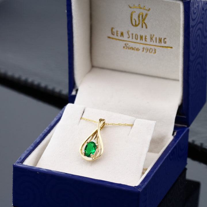 10K Yellow Gold Green Nano Emerald and White Diamond Teardrop Pendant Necklace For Women (0.40 Cttw, Gemstone May Birthstone, Oval 6X4MM, with 18 Inch Chain)