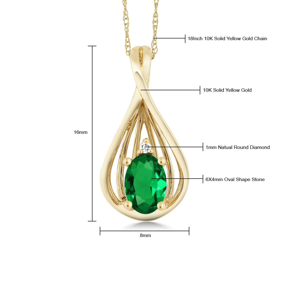 10K Yellow Gold Green Nano Emerald and White Diamond Teardrop Pendant Necklace For Women (0.40 Cttw, Gemstone May Birthstone, Oval 6X4MM, with 18 Inch Chain)