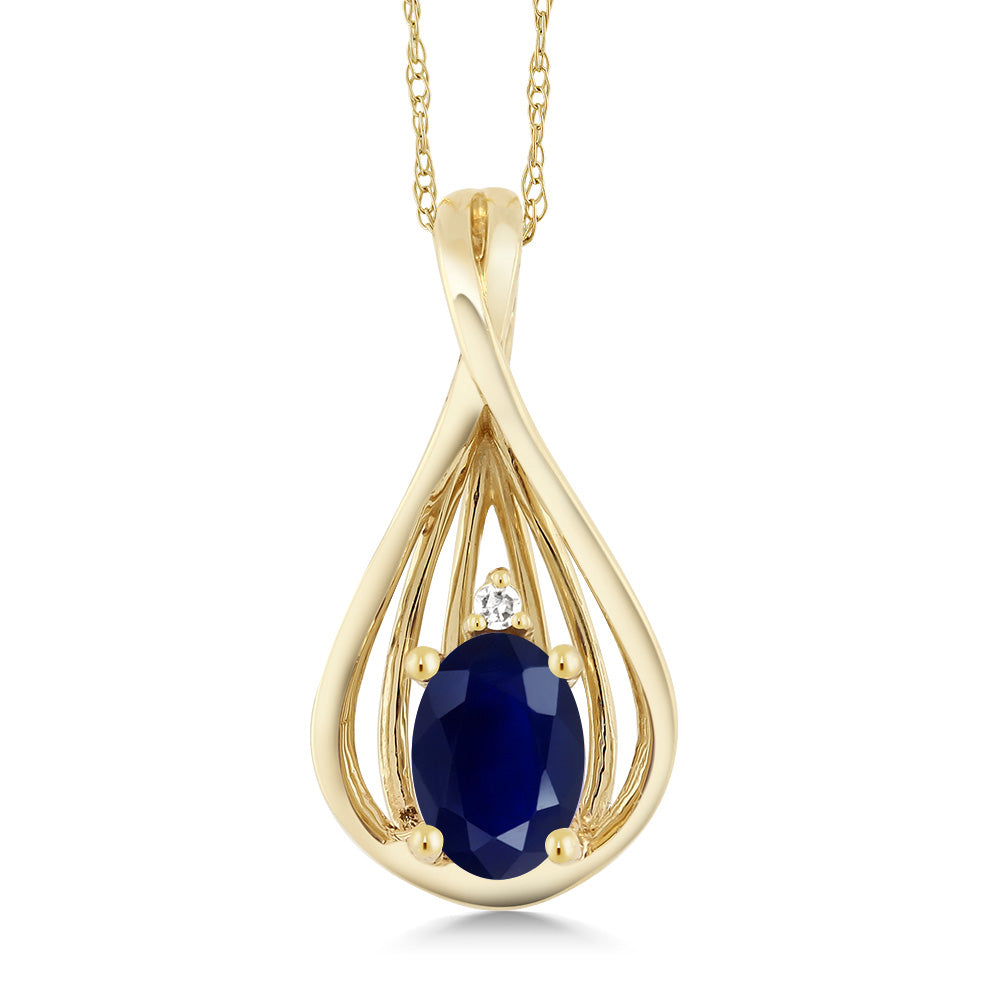 10K Yellow Gold Blue Sapphire and White Diamond Teardrop Pendant Necklace For Women (0.55 Cttw, Gemstone September Birthstone, Oval 6X4MM, with 18 Inch Chain)