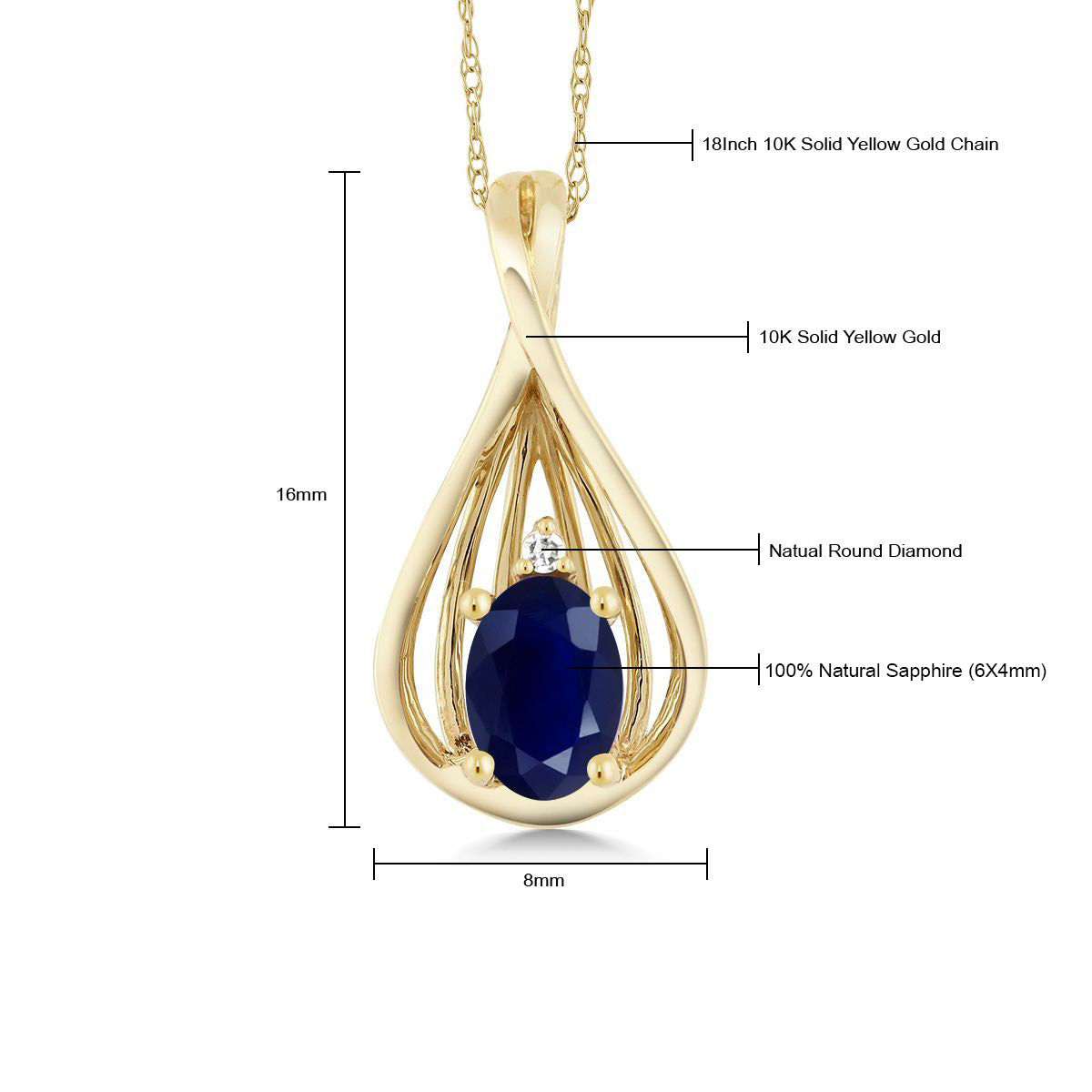 10K Yellow Gold Blue Sapphire and White Diamond Teardrop Pendant Necklace For Women (0.55 Cttw, Gemstone September Birthstone, Oval 6X4MM, with 18 Inch Chain)