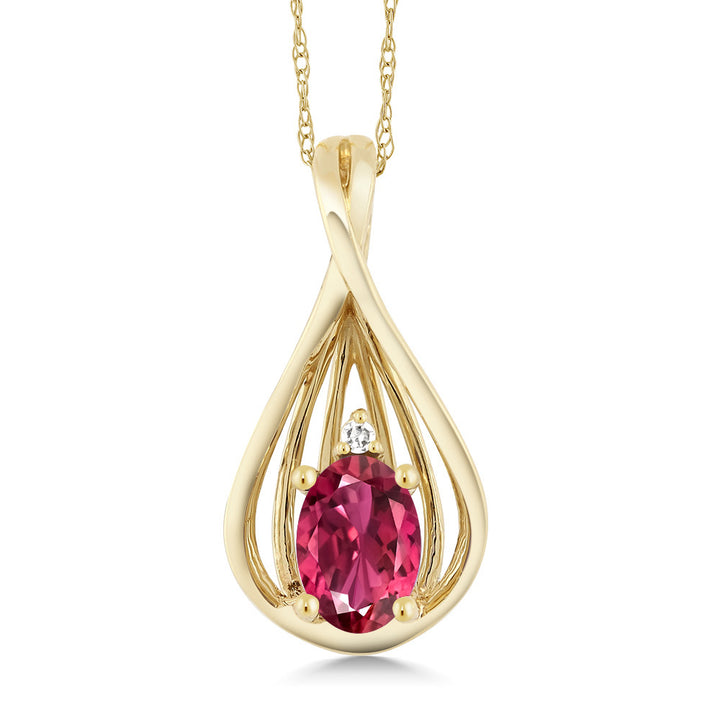 10K Yellow Gold Pink Tourmaline and White Diamond Teardrop Pendant Necklace For Women (0.38 Cttw, Gemstone October Birthstone, Oval 6X4MM, with 18 Inch Chain)