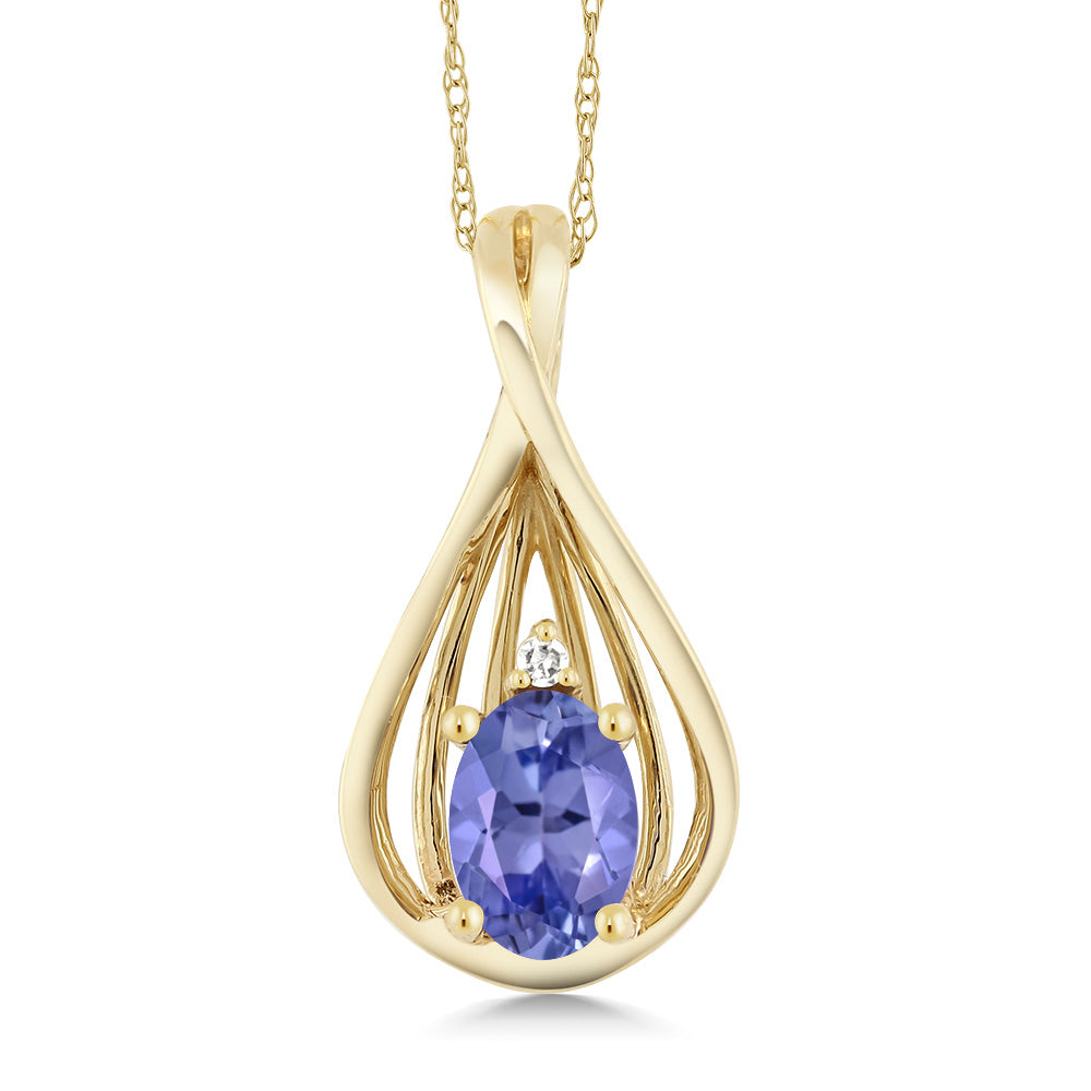 10K Yellow Gold Blue Tanzanite and White Diamond Teardrop Pendant Necklace For Women (0.45 Cttw, Gemstone December Birthstone, Oval 6X4MM, with 18 Inch Chain)