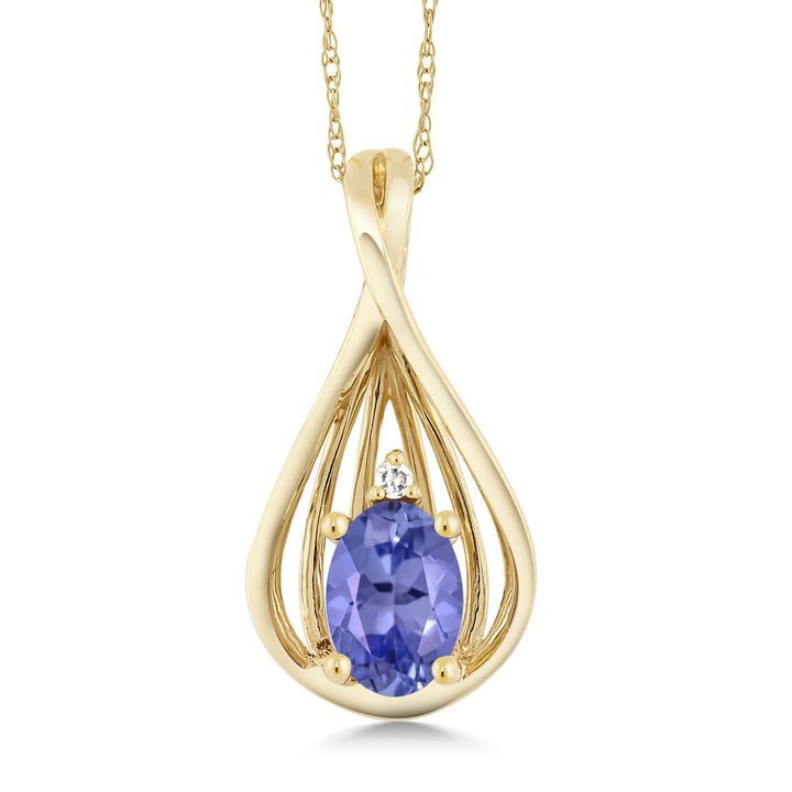 10K Yellow Gold Blue Tanzanite and White Diamond Teardrop Pendant Necklace For Women (0.45 Cttw, Gemstone December Birthstone, Oval 6X4MM, with 18 Inch Chain)