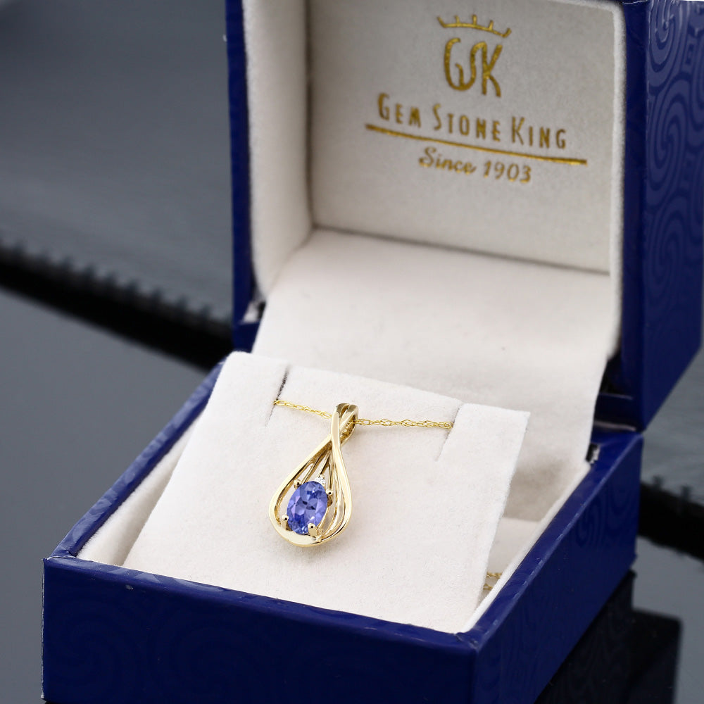 10K Yellow Gold Blue Tanzanite and White Diamond Teardrop Pendant Necklace For Women (0.45 Cttw, Gemstone December Birthstone, Oval 6X4MM, with 18 Inch Chain)