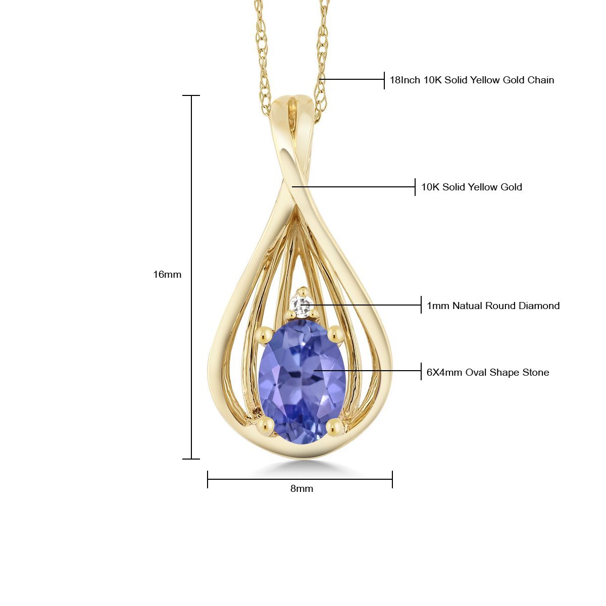 10K Yellow Gold Blue Tanzanite and White Diamond Teardrop Pendant Necklace For Women (0.45 Cttw, Gemstone December Birthstone, Oval 6X4MM, with 18 Inch Chain)