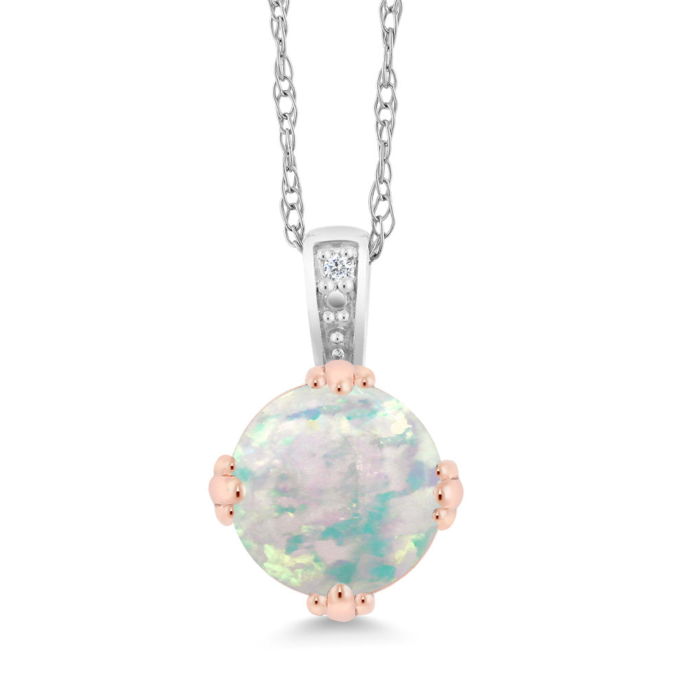 White Simulated Opal-Cabochon - October_Pendant in 10K Two Tone Gold