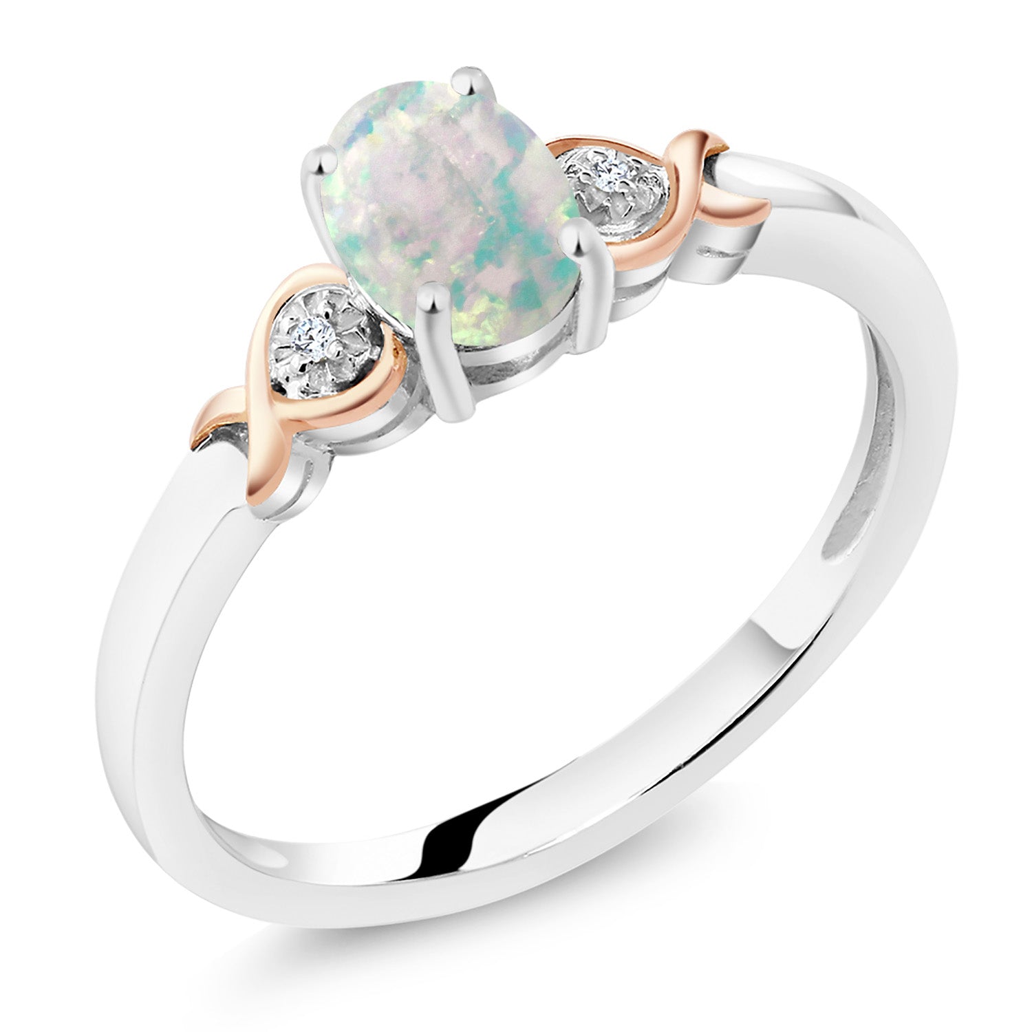 White Opal-Cabochon - October_8_Ring in 925 Sterling Silver and 10K Rose Gold