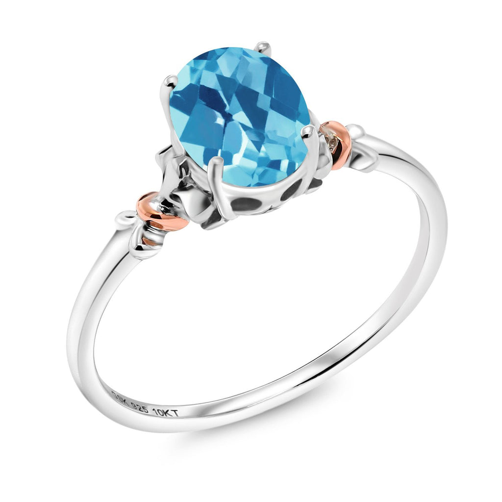 Swiss Blue Topaz-Checkerboard - November_6_Ring in 925 Sterling Silver and 10K Rose Gold