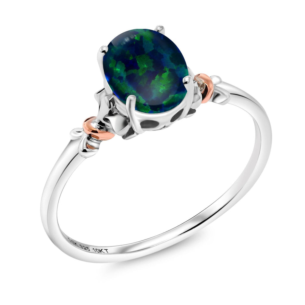 Green Simulated Opal-Cabochon - October_9_Ring in 925 Sterling Silver and 10K Rose Gold
