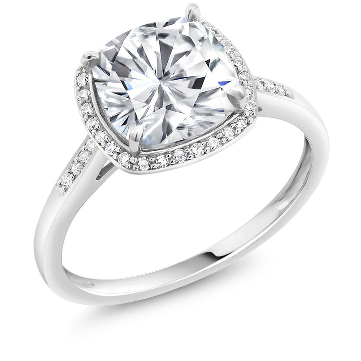 2.50 Cttw 10K White Gold Forever One Charles & Colvard Moissanite and Diamond Accent Women Halo Engagement Ring | Cushion Cut 8MM | Available In Size 5, 6, 7, 8, 9