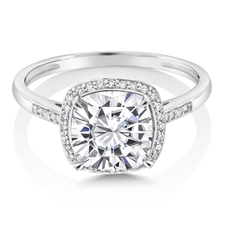 2.50 Cttw 10K White Gold Forever One Charles & Colvard Moissanite and Diamond Accent Women Halo Engagement Ring | Cushion Cut 8MM | Available In Size 5, 6, 7, 8, 9