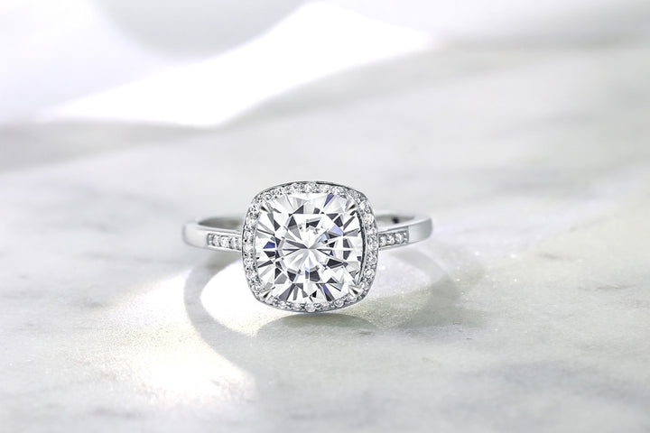 2.50 Cttw 10K White Gold Forever One Charles & Colvard Moissanite and Diamond Accent Women Halo Engagement Ring | Cushion Cut 8MM | Available In Size 5, 6, 7, 8, 9