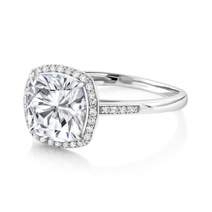 2.50 Cttw 10K White Gold Forever One Charles & Colvard Moissanite and Diamond Accent Women Halo Engagement Ring | Cushion Cut 8MM | Available In Size 5, 6, 7, 8, 9