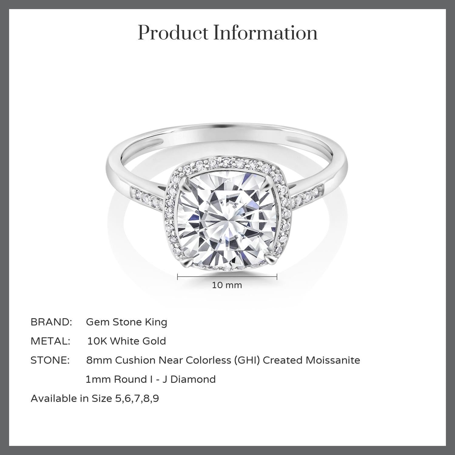 2.50 Cttw 10K White Gold Forever One Charles & Colvard Moissanite and Diamond Accent Women Halo Engagement Ring | Cushion Cut 8MM | Available In Size 5, 6, 7, 8, 9