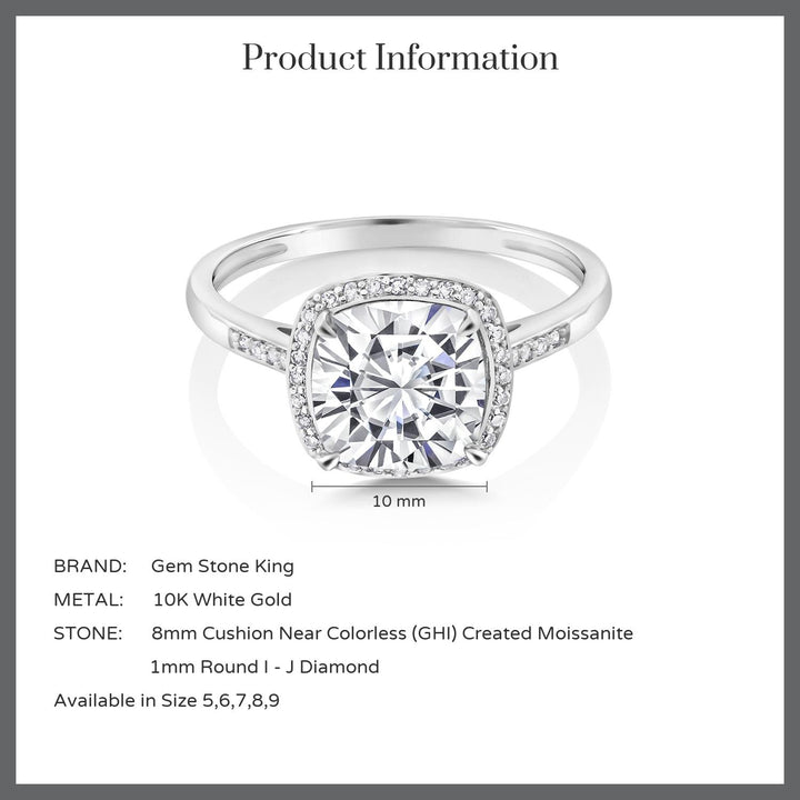 2.50 Cttw 10K White Gold Forever One Charles & Colvard Moissanite and Diamond Accent Women Halo Engagement Ring | Cushion Cut 8MM | Available In Size 5, 6, 7, 8, 9