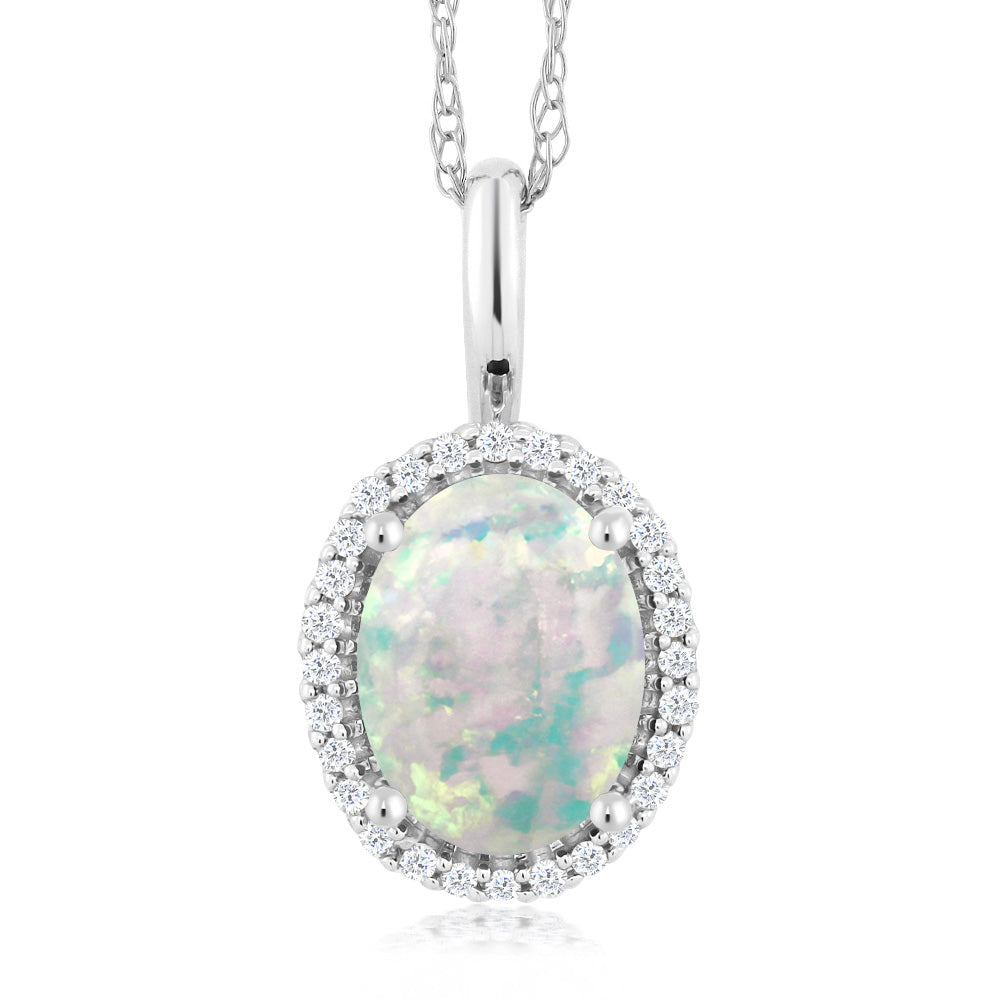 White Simulated Opal-Cabochon - October_Pendant in 10K White Gold