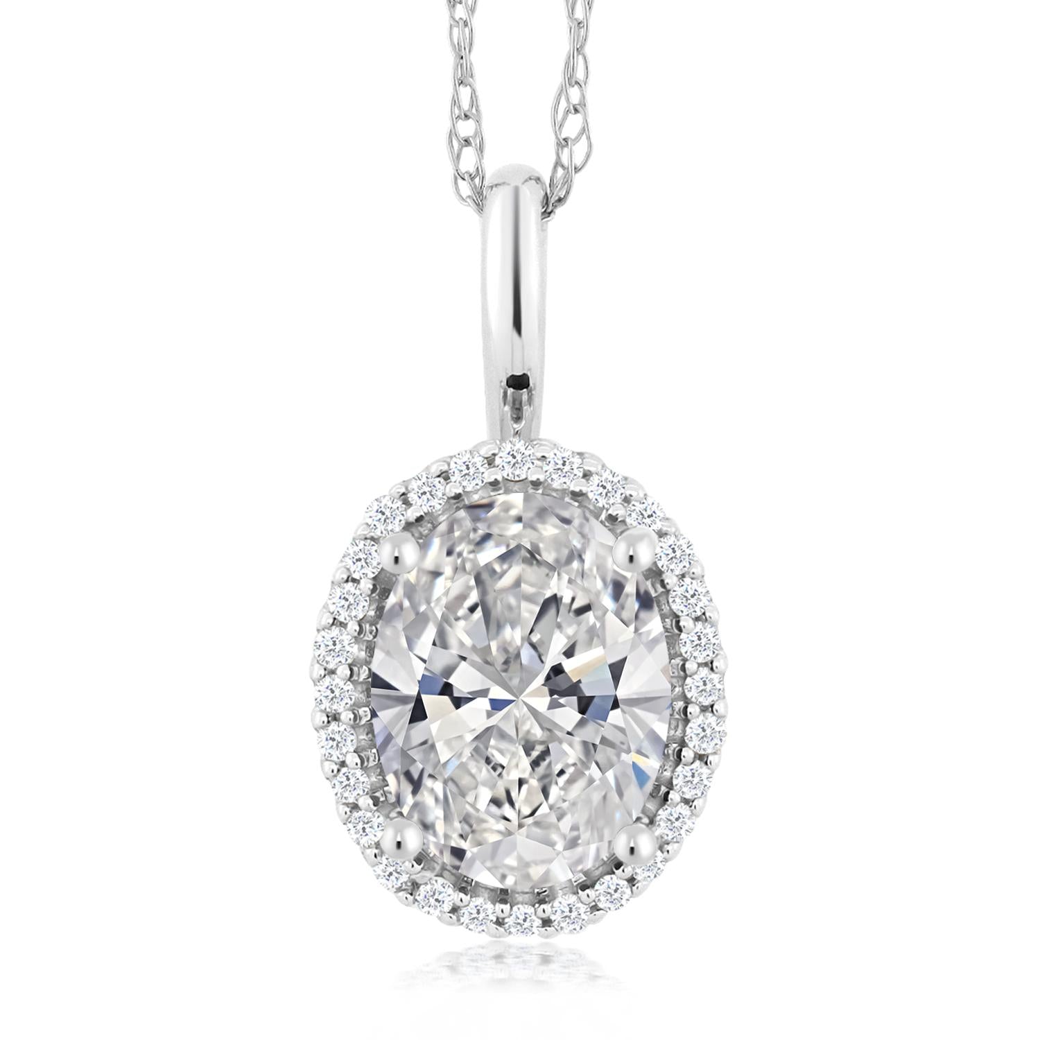 10K White Gold IGI Certified Lab Grown Diamond Halo Pendant Necklace For Women | 1.58 Cttw | Center Oval Diamond 1.5 Ct | F-G Color | VS2 Clarity | 18 Inch Chain