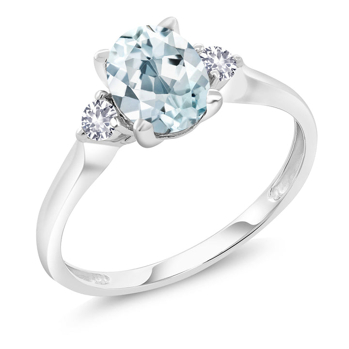 10K White Gold Sky Blue Aquamarine and White Created Sapphire 3-Stone Engagement Ring For Women (1.20 Cttw, Gemstone Birthstone, Available in size 5, 6, 7, 8, 9)