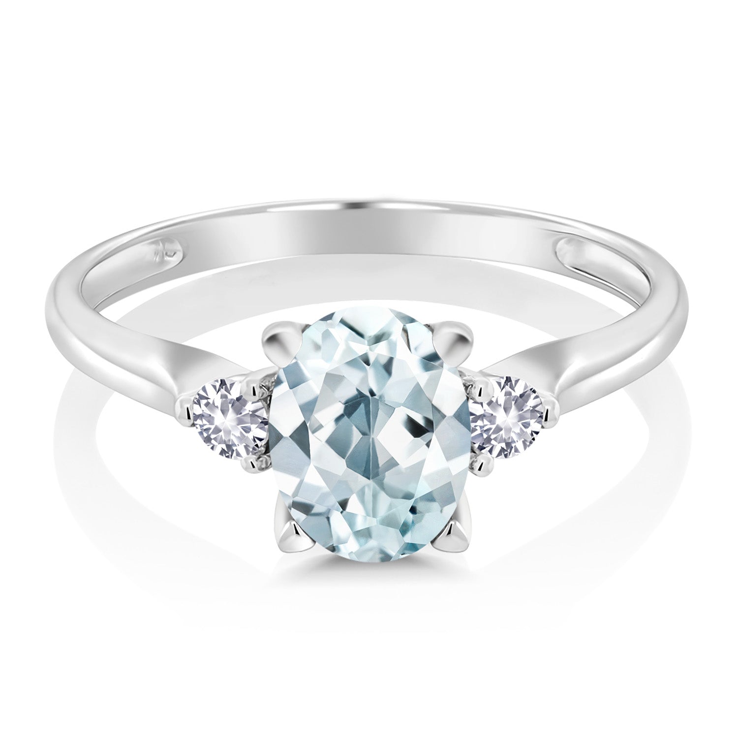 10K White Gold Sky Blue Aquamarine and White Created Sapphire 3-Stone Engagement Ring For Women (1.20 Cttw, Gemstone Birthstone, Available in size 5, 6, 7, 8, 9)