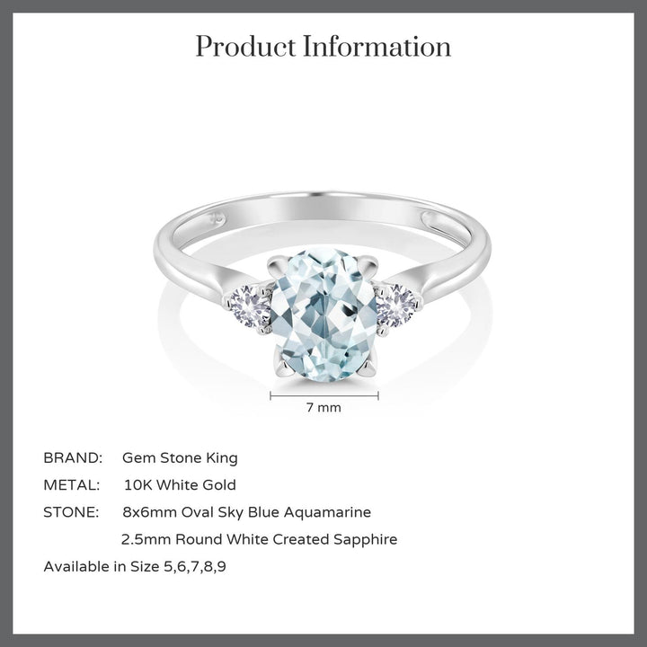 10K White Gold Sky Blue Aquamarine and White Created Sapphire 3-Stone Engagement Ring For Women (1.20 Cttw, Gemstone Birthstone, Available in size 5, 6, 7, 8, 9)