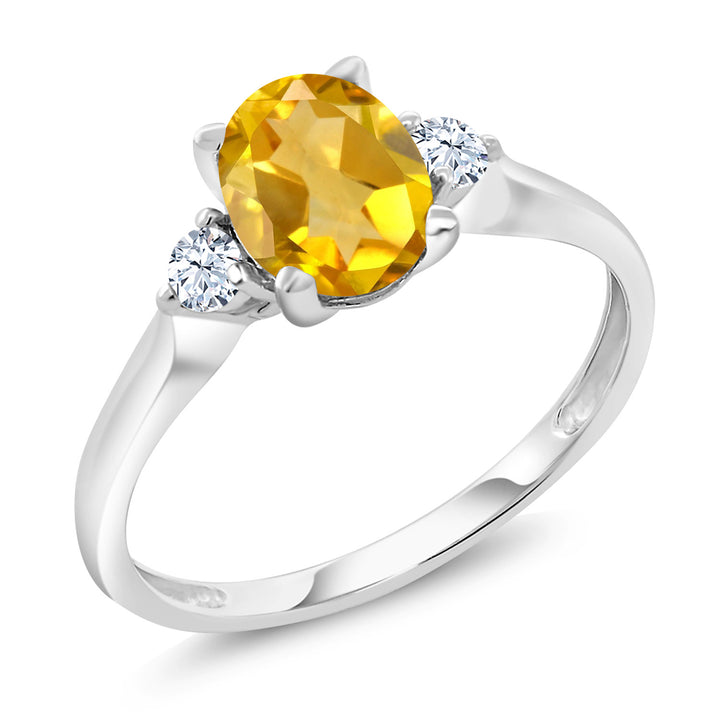 10K White Gold Yellow Citrine and White Created Sapphire 3-Stone Women's Ring (1.40 Cttw, Gemstone Birthstone, Available In Size 5, 6, 7, 8, 9)