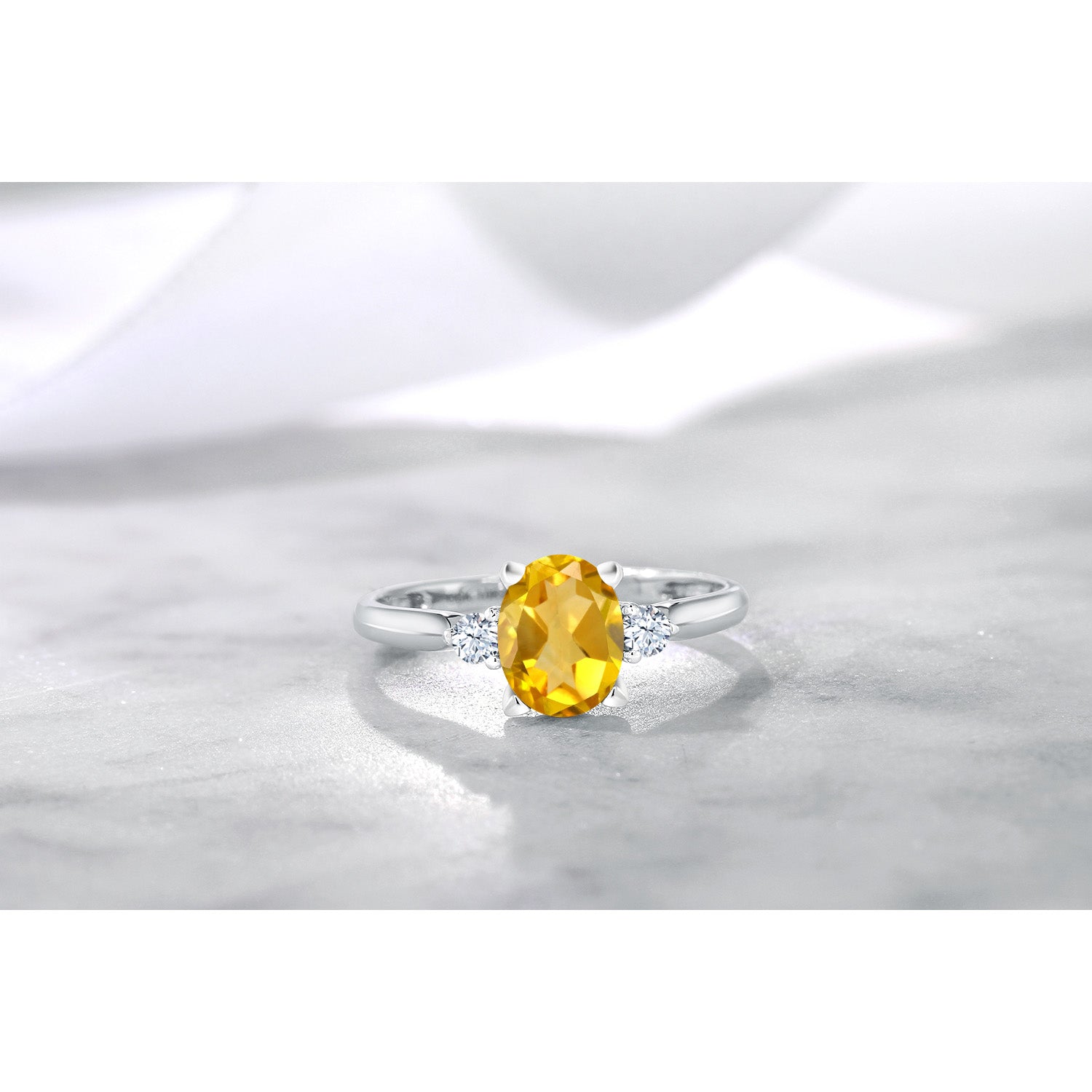 10K White Gold Yellow Citrine and White Created Sapphire 3-Stone Women's Ring (1.40 Cttw, Gemstone Birthstone, Available In Size 5, 6, 7, 8, 9)