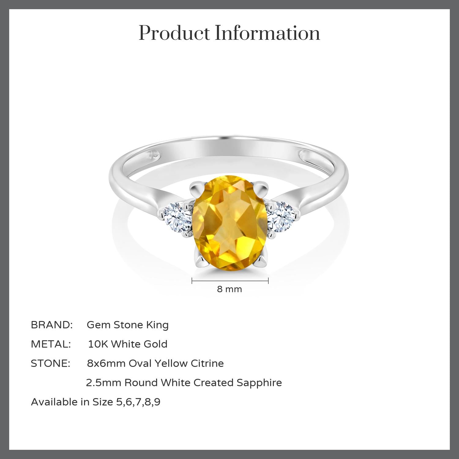 10K White Gold Yellow Citrine and White Created Sapphire 3-Stone Women's Ring (1.40 Cttw, Gemstone Birthstone, Available In Size 5, 6, 7, 8, 9)