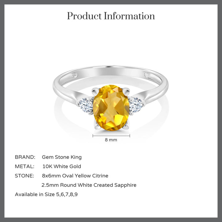 10K White Gold Yellow Citrine and White Created Sapphire 3-Stone Women's Ring (1.40 Cttw, Gemstone Birthstone, Available In Size 5, 6, 7, 8, 9)