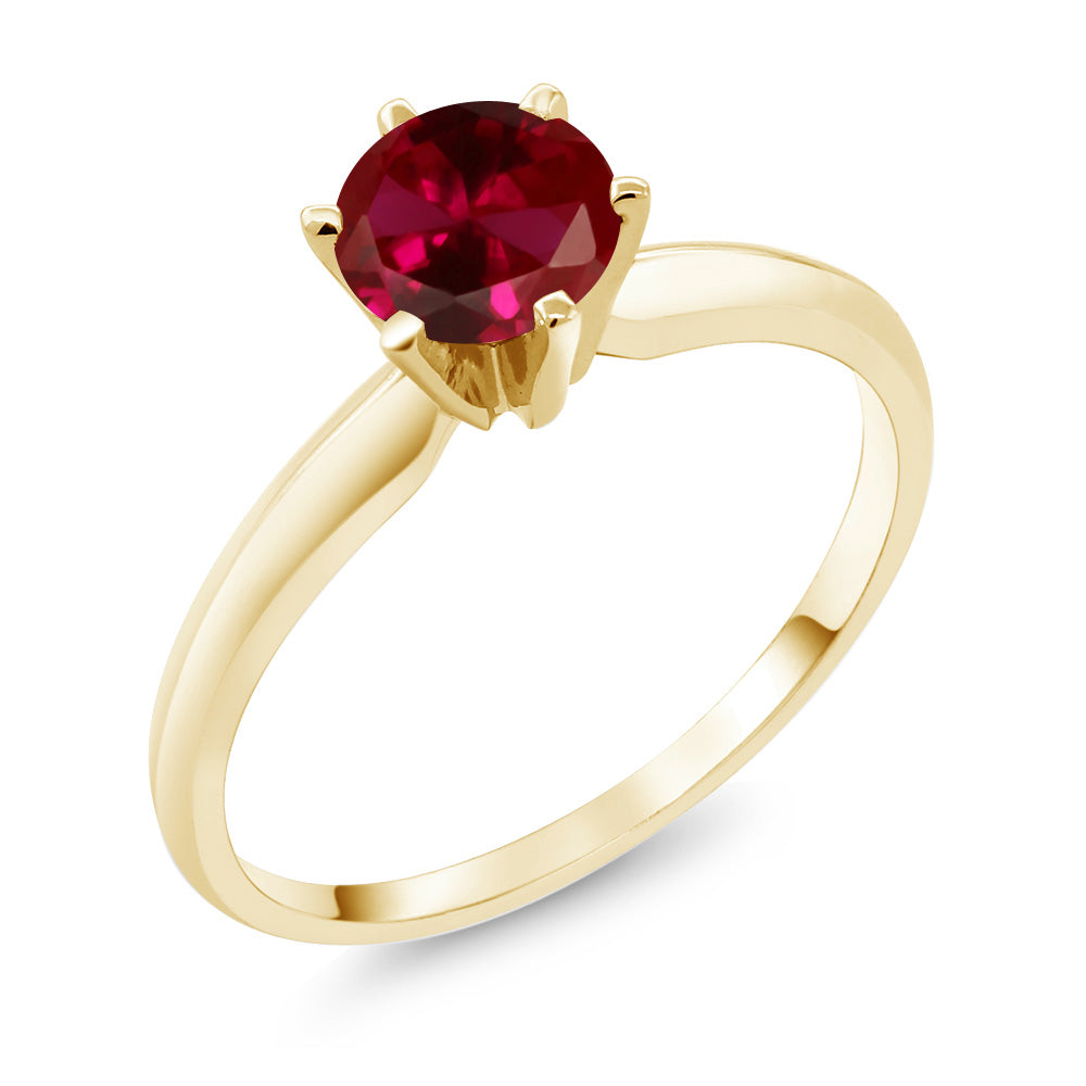 14K Yellow Gold Red Created Ruby Engagement Ring | 1.00 Cttw | Round 6MM | Wedding Solitaire Anniversary Promise Gold Ring For Women | Available In Size 5, 6, 7, 8, 9