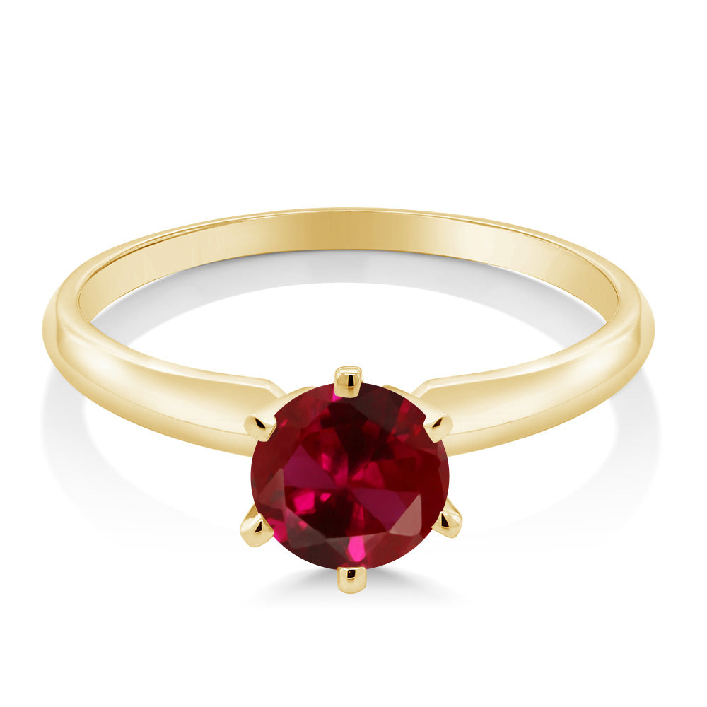 14K Yellow Gold Red Created Ruby Engagement Ring | 1.00 Cttw | Round 6MM | Wedding Solitaire Anniversary Promise Gold Ring For Women | Available In Size 5, 6, 7, 8, 9