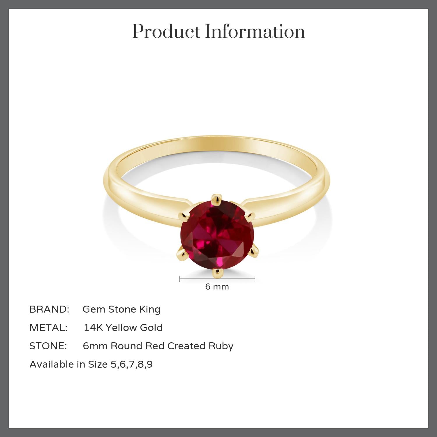 14K Yellow Gold Red Created Ruby Engagement Ring | 1.00 Cttw | Round 6MM | Wedding Solitaire Anniversary Promise Gold Ring For Women | Available In Size 5, 6, 7, 8, 9