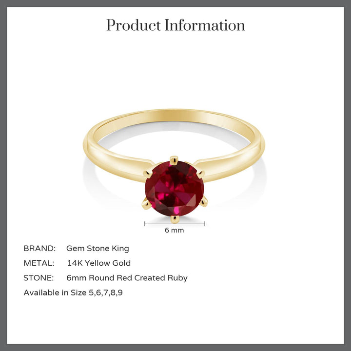 14K Yellow Gold Red Created Ruby Engagement Ring | 1.00 Cttw | Round 6MM | Wedding Solitaire Anniversary Promise Gold Ring For Women | Available In Size 5, 6, 7, 8, 9