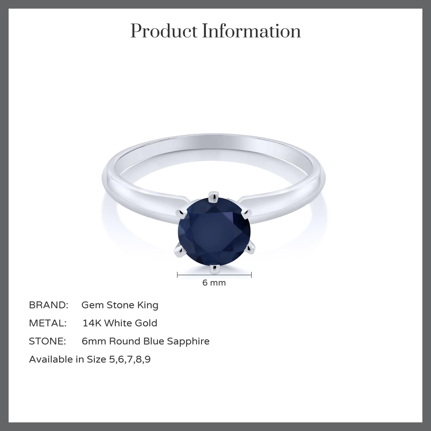 1.00 Cttw 14K White Gold Blue Sapphire Engagement Ring | Round 6MM | Gemstone Birthstone | Wedding Anniversary Solitaire Ring For Women | Available In Size 5, 6, 7, 8, 9