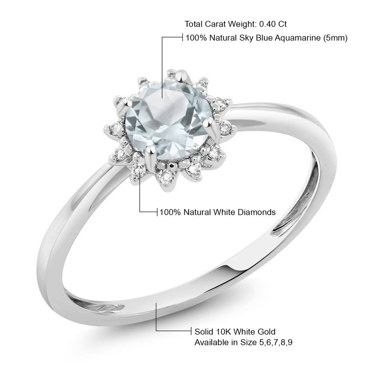 10K White Gold Sky Blue Aquamarine and Diamond Women's Engagement Ring 0.40 Ct Round Available in (Available 5,6,7,8,9)