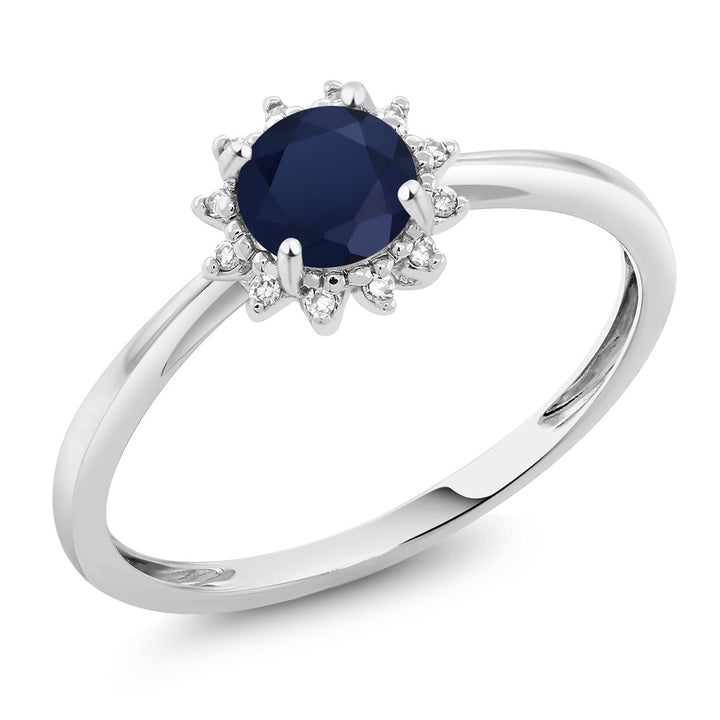 10K White Gold Blue Sapphire and Diamond Women Engagement Ring (0.60 Ct Round, Available 5,6,7,8,9)