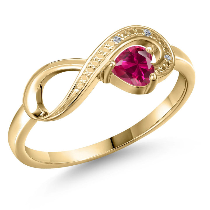 Gem Stone King 10K Yellow Gold 4MM Heart Gemstone Birthstone & White Diamond Accent Infinity Ring | Heart Shape Wedding Engagement Anniversary Promise Gold Ring For Women