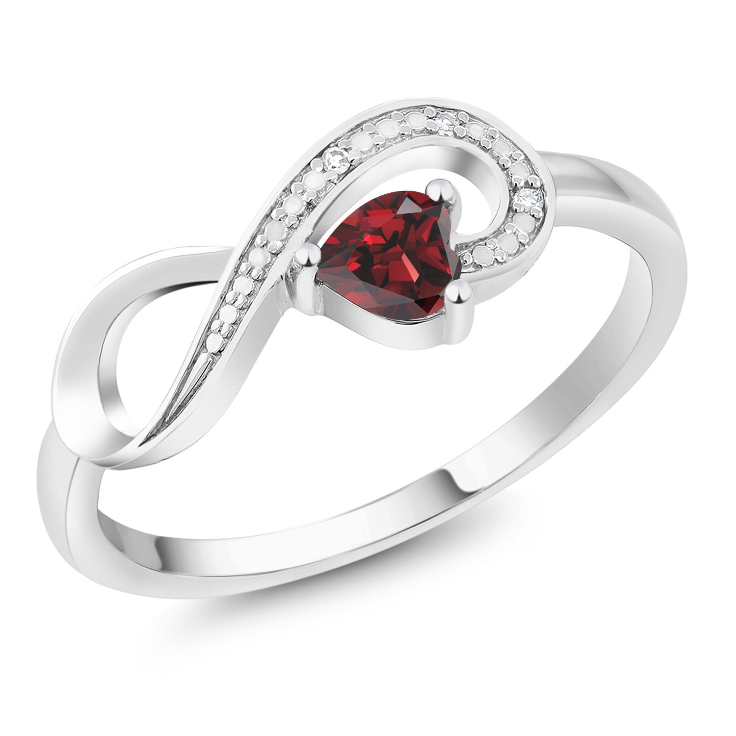 10K White Gold Red Garnet and White Diamond Accent Infinity Ring For Women (0.34 Cttw, Heart Shape 4MM, Gemstone January Birthstone, Available in Size 5,6,7,8,9)