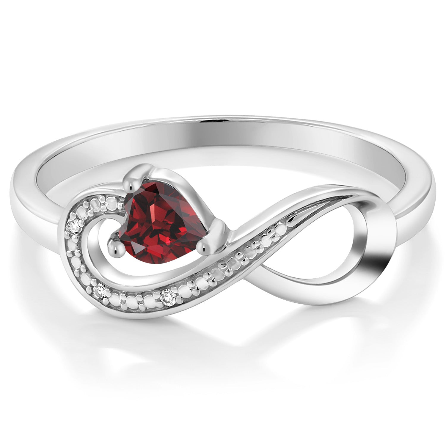 10K White Gold Red Garnet and White Diamond Accent Infinity Ring For Women (0.34 Cttw, Heart Shape 4MM, Gemstone January Birthstone, Available in Size 5,6,7,8,9)