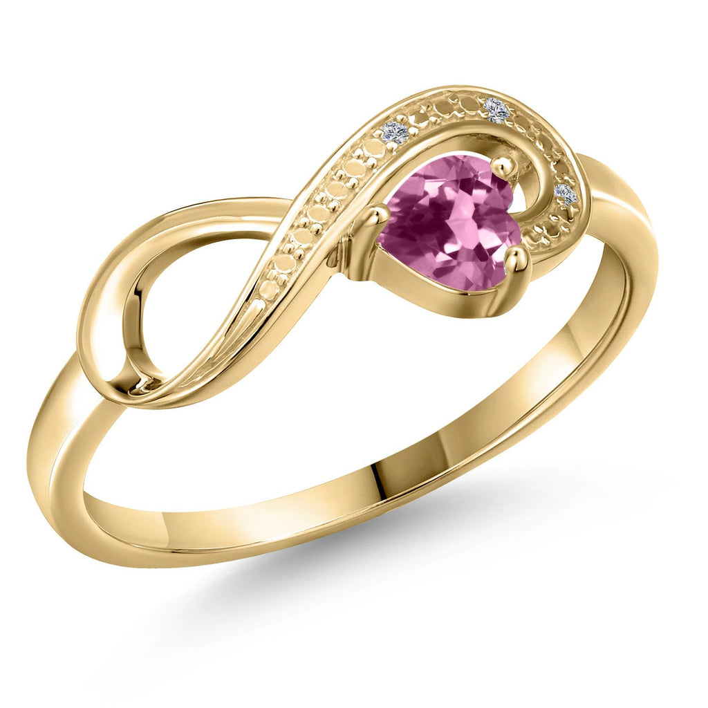 Gem Stone King 10K Yellow Gold 4MM Heart Gemstone Birthstone & White Diamond Accent Infinity Ring | Heart Shape Wedding Engagement Anniversary Promise Gold Ring For Women