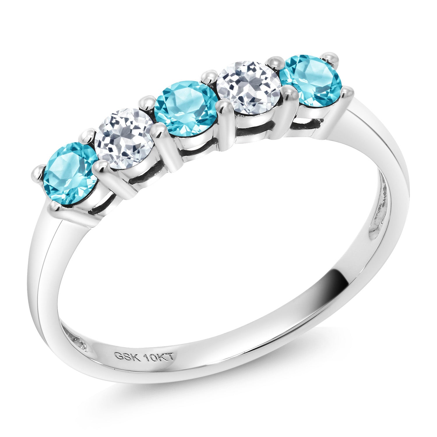 10K White Gold Swiss Blue Topaz and White Topaz 5 Stone Wedding Engagement Anniversary Promise Ring For Women (0.73 Cttw, Round 3MM, Gemstone November Birthstone, Available In Size 5, 6, 7, 8, 9)