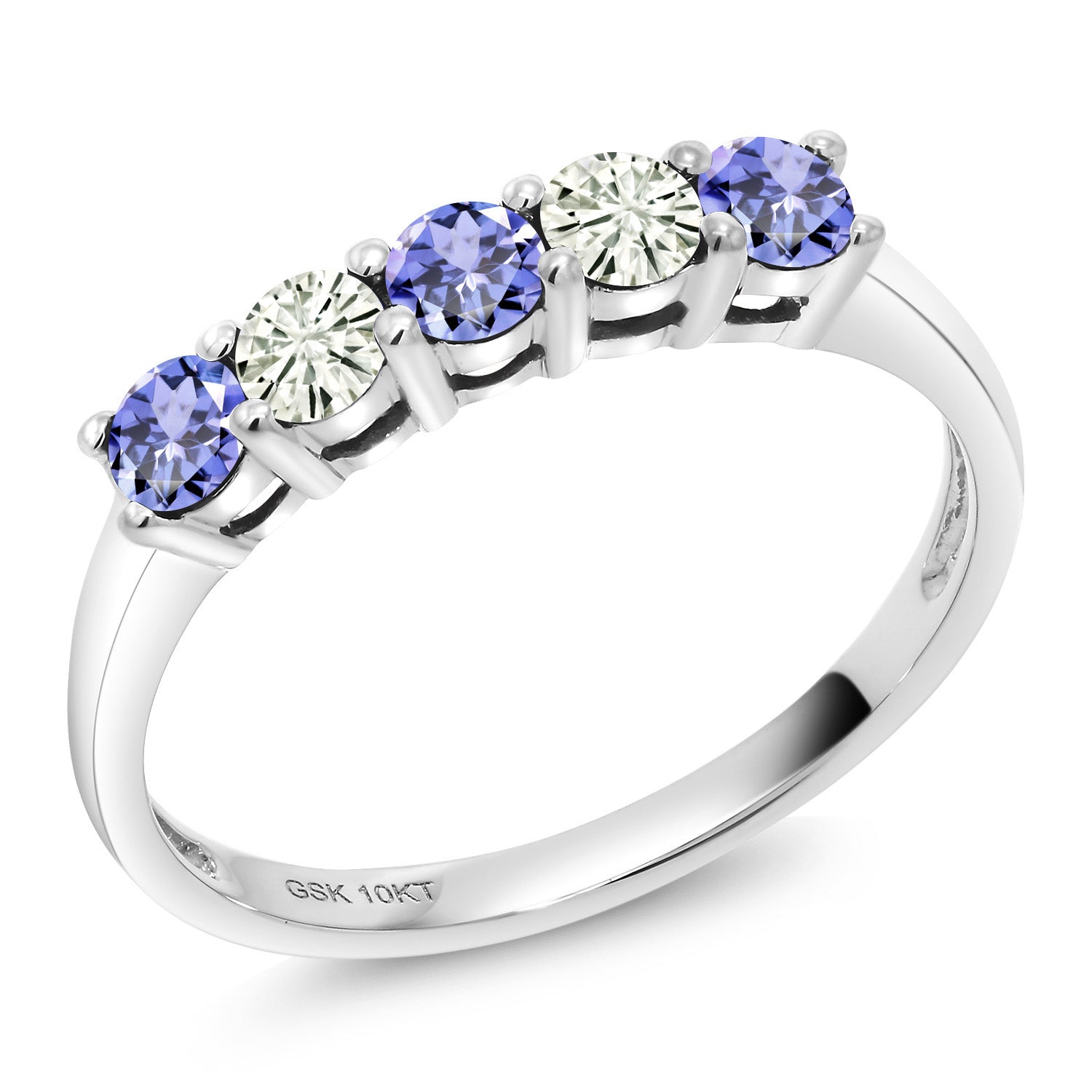 10K White Gold Blue Tanzanite and White Moissanite 5 Stone Wedding Engagement Promise Ring For Women (0.56 Cttw, Round 3MM, Gemstone December Birthstone, In Size 5, 6, 7, 8, 9)