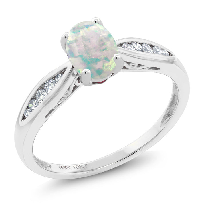 White Simulated Opal-Cabochon - October_5_Ring in 10K White Gold