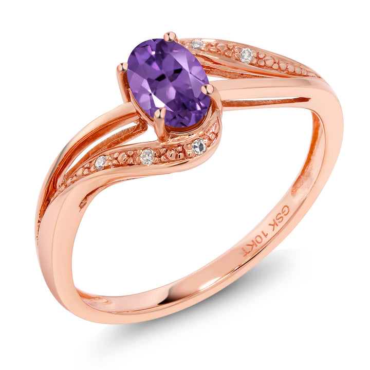 10K Rose Gold Purple Amethyst and Diamond Engagement Bypass Ring For Women (0.39 Cttw, Gemstone Birthstone, Available In Size 5, 6, 7, 8, 9)