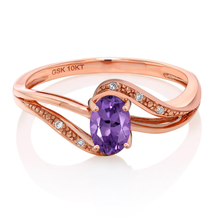 10K Rose Gold Purple Amethyst and Diamond Engagement Bypass Ring For Women (0.39 Cttw, Gemstone Birthstone, Available In Size 5, 6, 7, 8, 9)