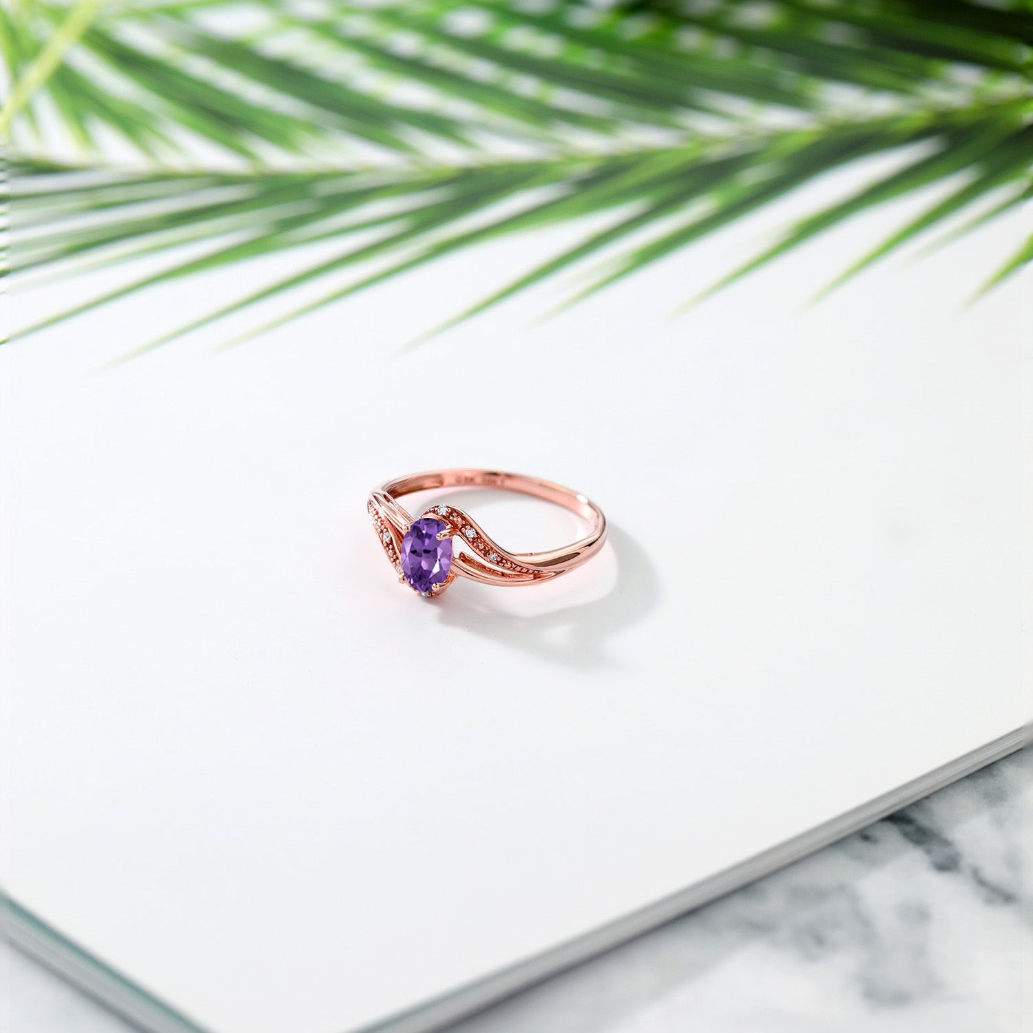 10K Rose Gold Purple Amethyst and Diamond Engagement Bypass Ring For Women (0.39 Cttw, Gemstone Birthstone, Available In Size 5, 6, 7, 8, 9)