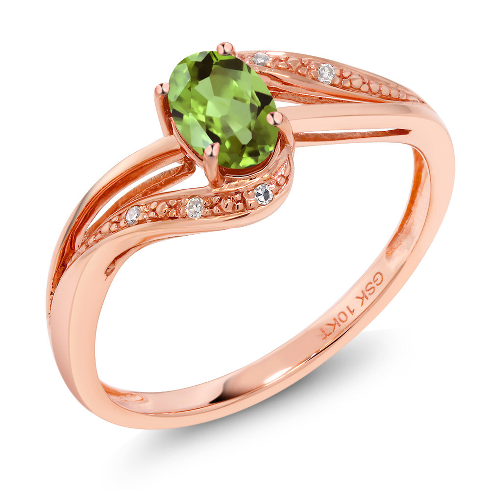 10K Rose Gold Green Peridot and Diamond Engagement Bypass Ring For Women | 0.54 Cttw | Gemstone Birthstone | Available In Size 5, 6, 7, 8, 9