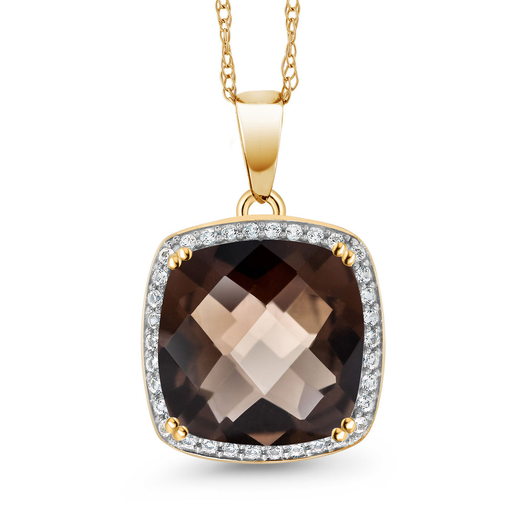 Smoky Quartz-Checkerboard_Pendant in 10K Yellow Gold