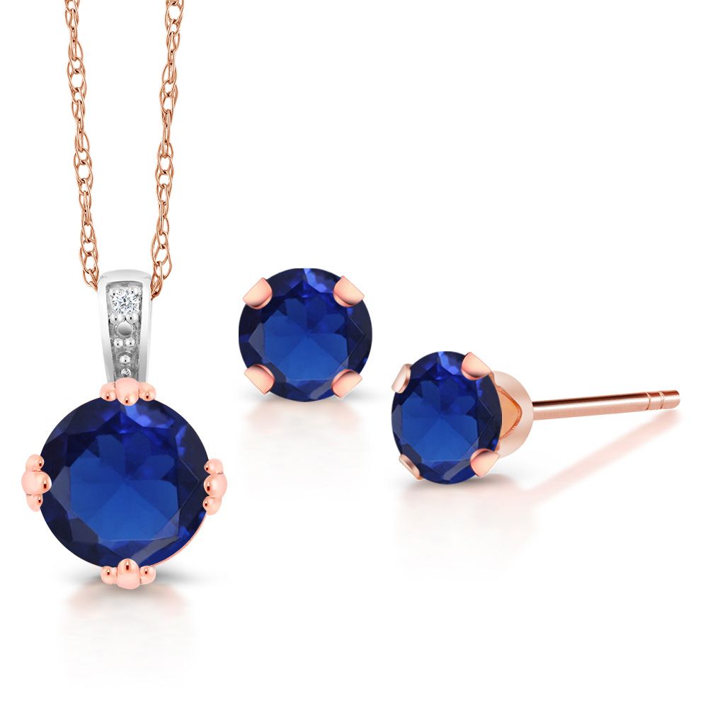 1.25 Ct Blue Created Sapphire and Diamond 10K Two Tone Gold Pendant Earrings Set