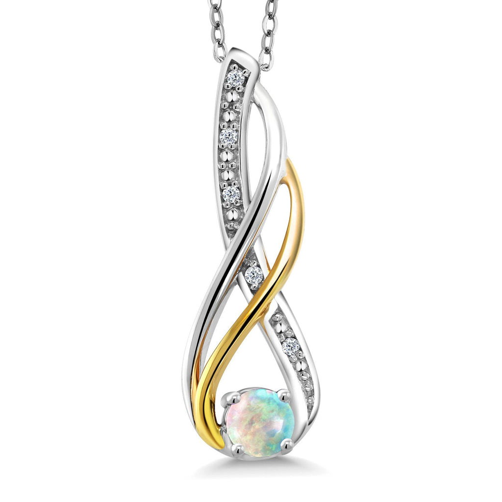 White Simulated Opal-Cabochon - October_Pendant in 925 Sterling Silver and 10K Yellow Gold