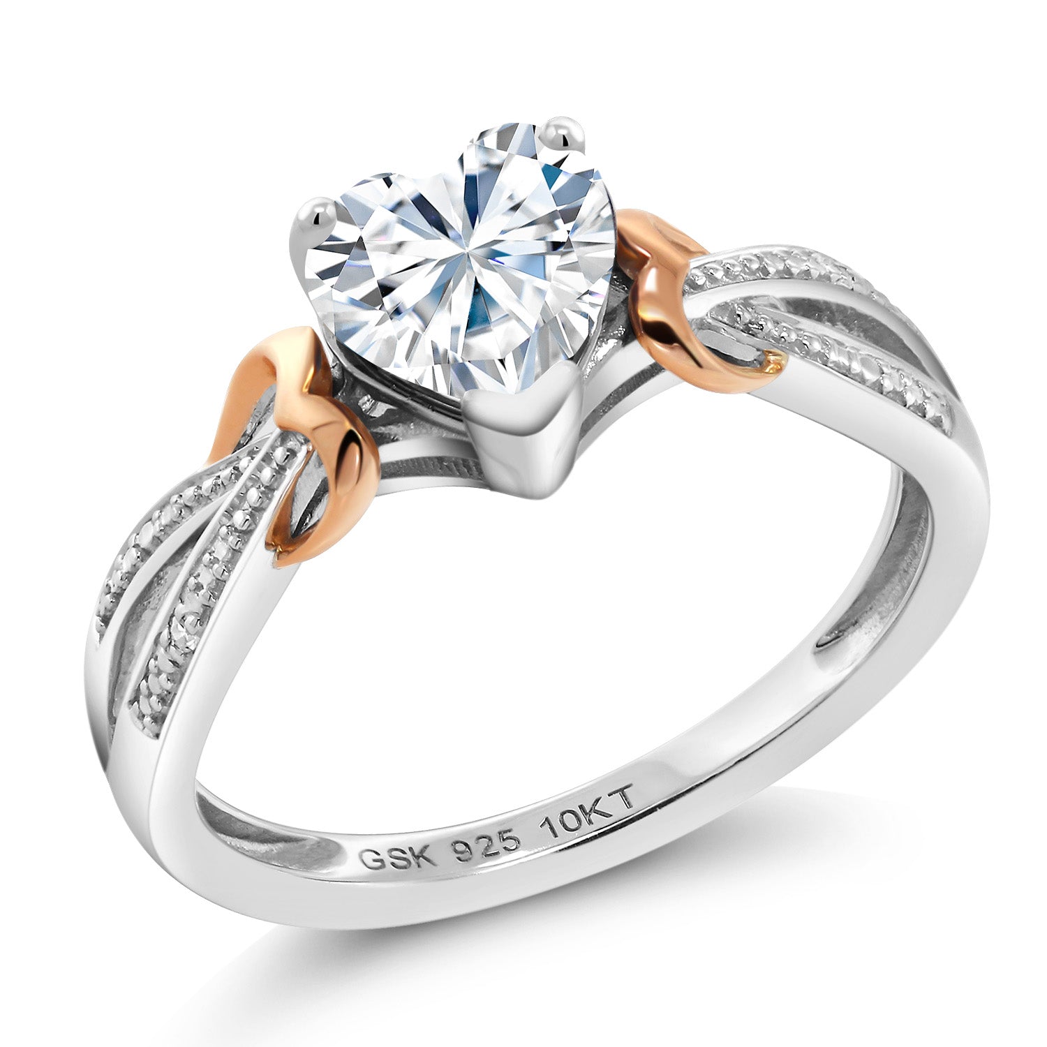 925 Sterling Silver and 10K Rose Gold White Heart Shape Moissanite and White Diamond Engagement Ring For Women (0.81 Cttw, Available In Size 5, 6, 7, 8, 9)